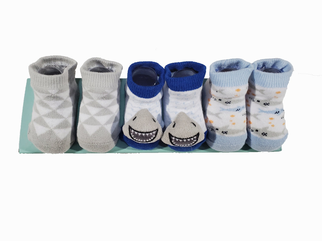 Boy's Sharky Socks 3-Piece Set: 0-12 Months